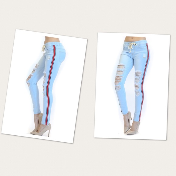 American Bazi Denim - Stripes Drawstrings stretchy Jeans